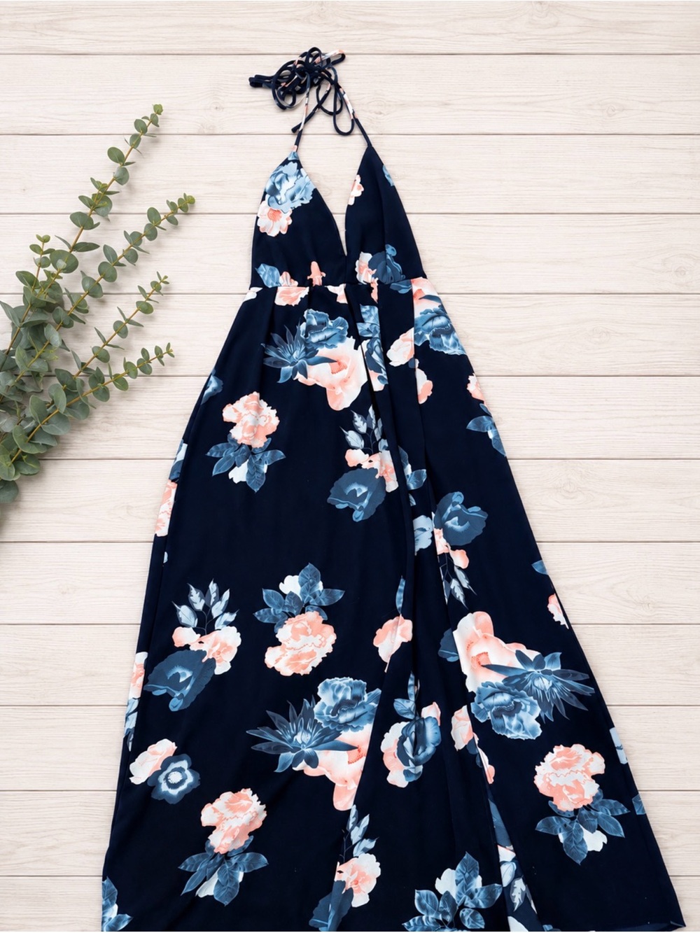 Navy Floral Halter Maxi Dress - Blue & Peach Blooms - Picture 2 of 3